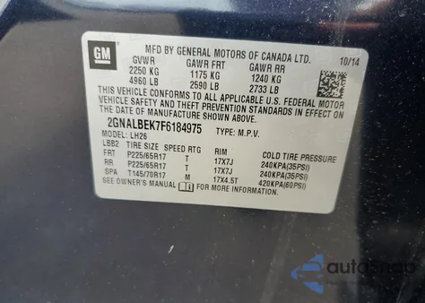 2015 Chevrolet Equinox Lt from USA, damaged, VIN 2GNALBEK7F6184975
